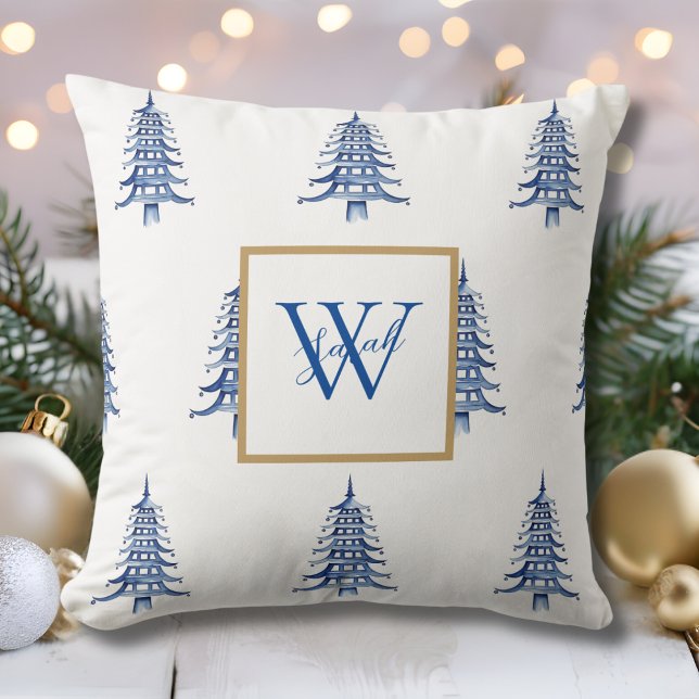 Blauwe pagode kerstboom monogram patroon kussen (Blue Pagoda Christmas Tree Monogrammed Pattern Throw Pillow)
