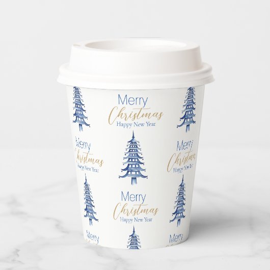 Blauwe pagode kerstboom patroon papieren bekers (Achterkant)
