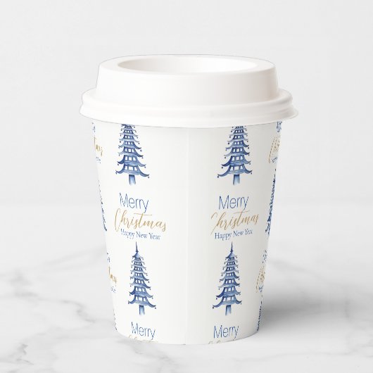 Blauwe pagode kerstboom patroon papieren bekers (Rechts)