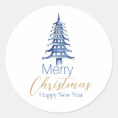 Blauwe Pagode Kerstboom Ronde Sticker (Voorkant)