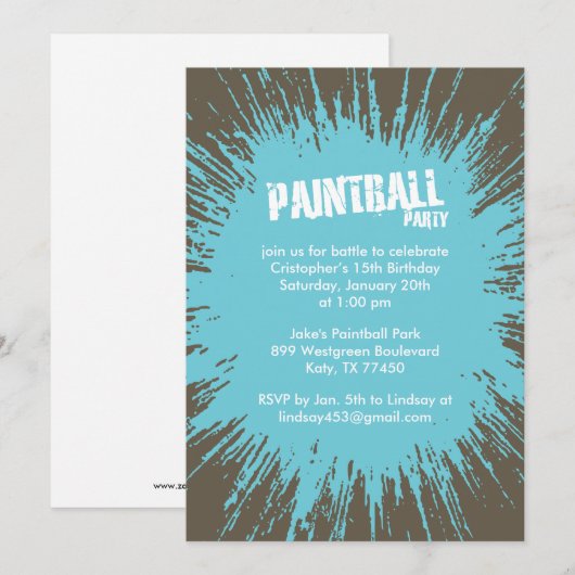 Blauwe Paintball Splatter Party - Uitnodigingen (Voorkant / Achterkant)