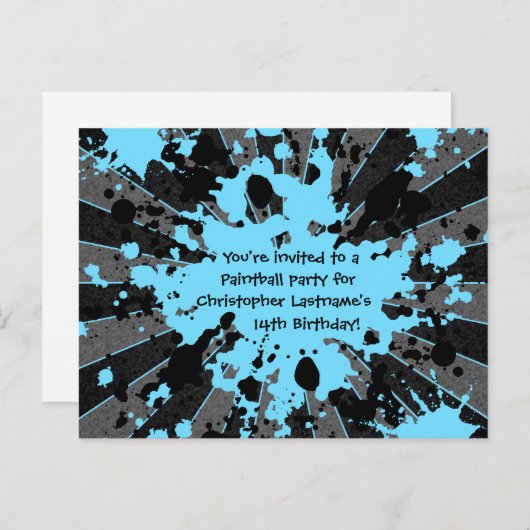 Blauwe paintball verjaardag uitnodiging briefkaart (Voorkant / Achterkant)