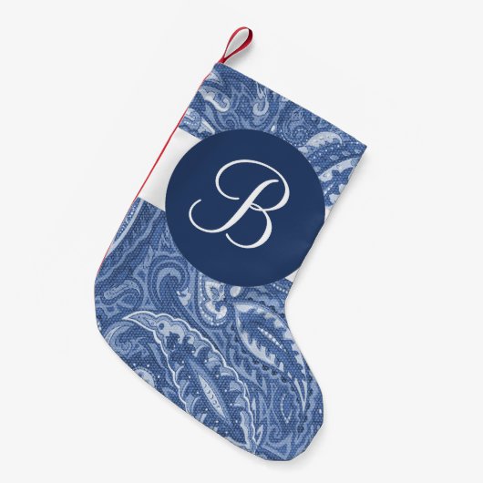 Blauwe paisley monogram kerstkous kleine kerstsok (Voorkant (Hangend))