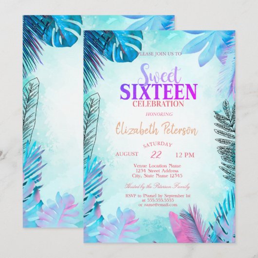 Blauwe Palm Bladeren Zomer Sweet 16 Kaart (Voorkant / Achterkant)