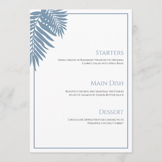 Blauwe Palm Bruiloft Menu 5"X7" (Voorkant)