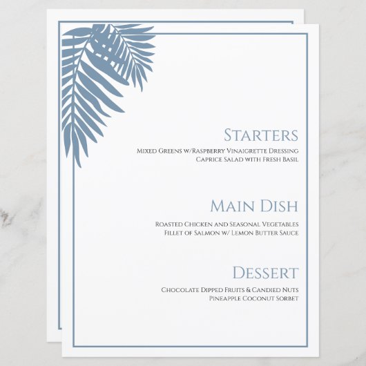 Blauwe Palm Bruiloft Menu Kaart 8 1/2" X 11" (Voorkant / Achterkant)