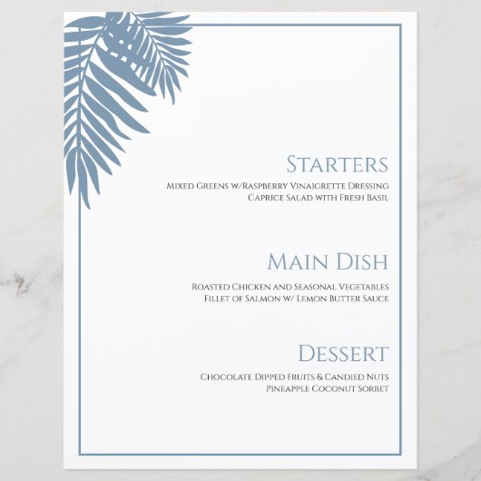 Blauwe Palm Bruiloft Menu Kaart 8 1/2" X 11" (Voorkant)