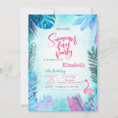 Blauwe palm laat roze flamingo zomerverjaardag ach kaart (Voorkant)