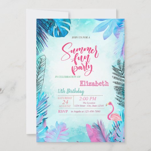 Blauwe palm laat roze flamingo zomerverjaardag ach kaart (Voorkant)