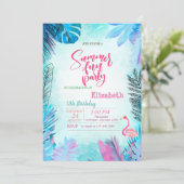 Blauwe palm laat roze flamingo zomerverjaardag ach kaart (Staand voorkant)