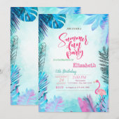 Blauwe palm laat roze flamingo zomerverjaardag ach kaart (Voorkant / Achterkant)