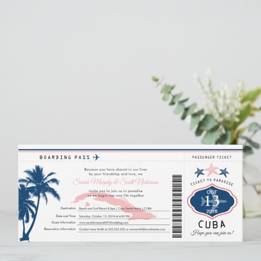 Blauwe Palm Tree Roze Cuba Boarding Pass bruiloft Kaart (Staand voorkant)