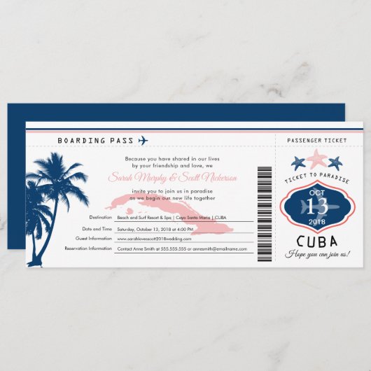 Blauwe Palm Tree Roze Cuba Boarding Pass bruiloft Kaart (Voorkant / Achterkant)