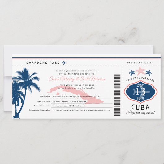 Blauwe Palm Tree Roze Cuba Boarding Pass bruiloft Kaart (Voorkant)