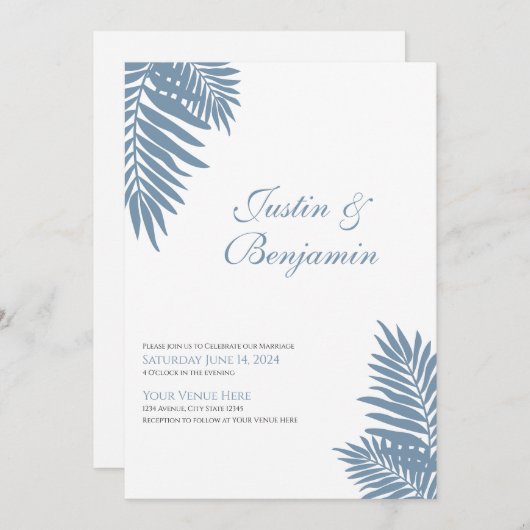 Blauwe Palm tropische bruiloft uitnodiging 5 x 7 (Voorkant / Achterkant)