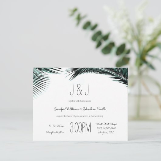 Blauwe palm vertrekt bestemmingstrouwuitnodigingen kaart (Staand voorkant)