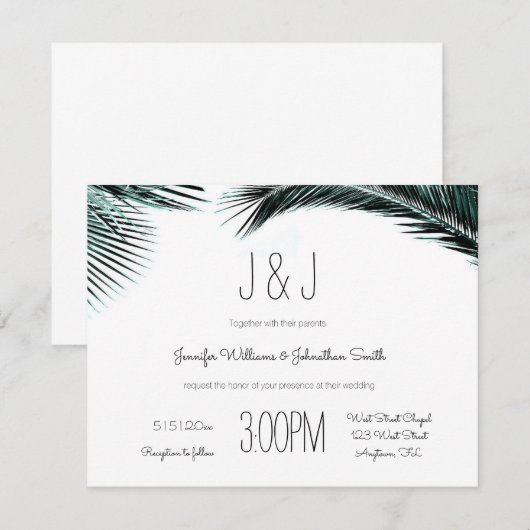 Blauwe palm vertrekt bestemmingstrouwuitnodigingen kaart (Voorkant / Achterkant)