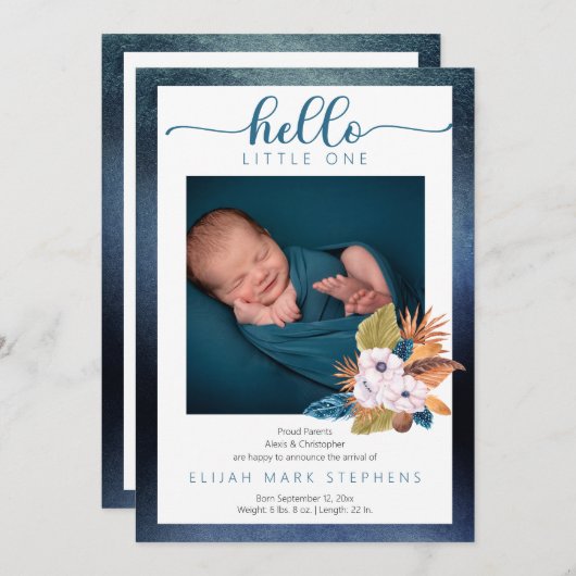 Blauwe palmbladeren |Feathers 2 Photo Baby Boy Bir Aankondiging (Voorkant / Achterkant)