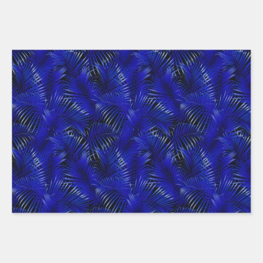 Blauwe palmbladeren op zwart tropisch inpakpapier vel (Voorkant 2)