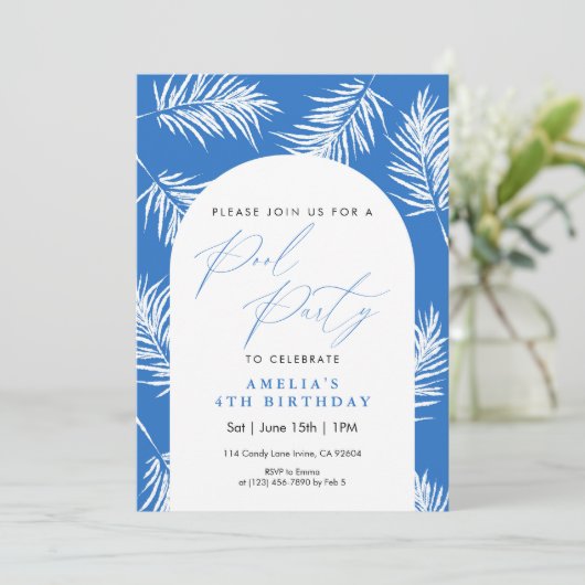 Blauwe Palmboom Aquarel Pool Feest Kaart (Staand voorkant)