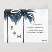 Blauwe Palmboom Elegante Moderne Trouw-RSVP Briefkaart (Achterkant)