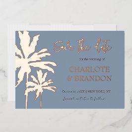 Blauwe Palmboom Strand Bruiloft Save The Date Goud Folie Uitnodiging