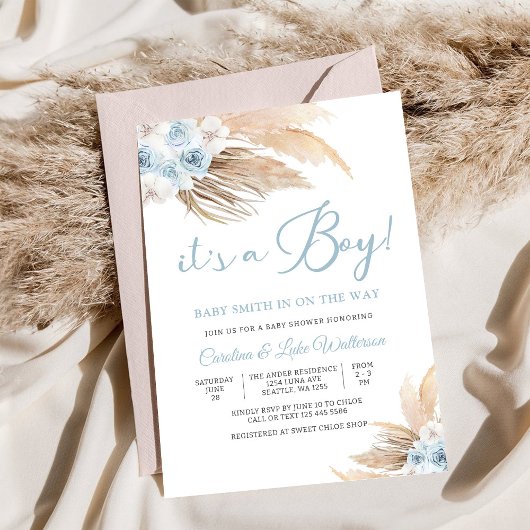 Blauwe Pampas Baby Shower Uitnodiging
