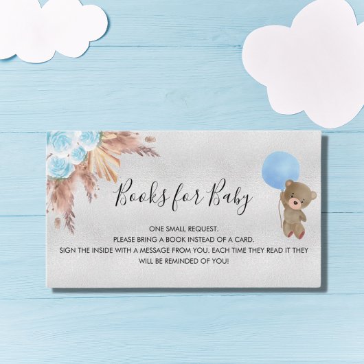 Blauwe pampas teddy boy baby shower informatiekaartje