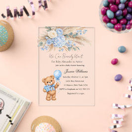 Blauwe Pampas Teddybeer Rozen Baby Shower Acryl Uitnodigingen