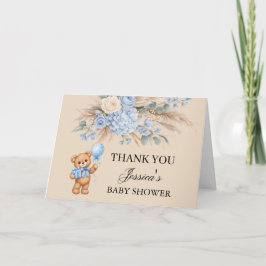 Blauwe Pampas Teddybeer Rozen Baby Shower Bedankkaart