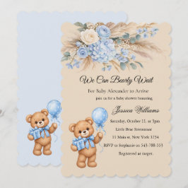 Blauwe Pampas Teddybeer Rozen Baby Shower Kaart