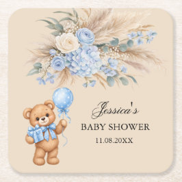 Blauwe Pampas Teddybeer Rozen Baby Shower Kartonnen Onderzetters