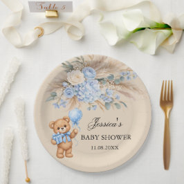 Blauwe Pampas Teddybeer Rozen Baby Shower Papieren Bordje