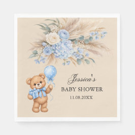 Blauwe Pampas Teddybeer Rozen Baby Shower Servet