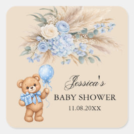 Blauwe Pampas Teddybeer Rozen Baby Shower Vierkante Sticker