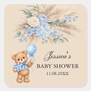 Blauwe Pampas Teddybeer Rozen Baby Shower Vierkante Sticker