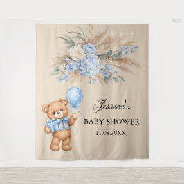 Blauwe Pampas Teddybeer Rozen Baby Shower Wandkleed