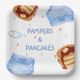 Blauwe pampers en pannenkoeken borden papieren bordje