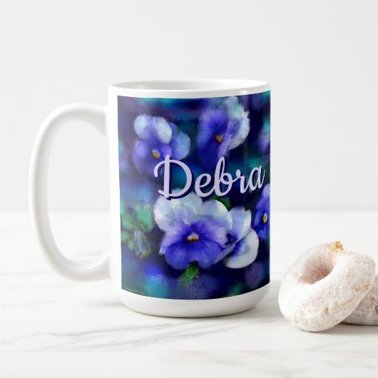 Blauwe Pansies Pansy Bloem Bloem Gepersonaliseerd Koffiemok (Met donut)