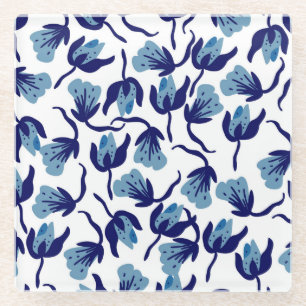 Blauwe Pansy Bloemen: Handgetekend Naadloos. Glazen Onderzetter