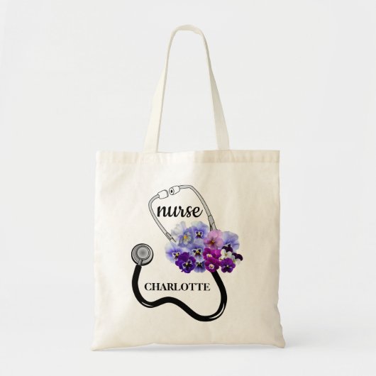 Blauwe Pansy Bloemige Stethoscoop Verpleegster Tote Bag (Voorkant)