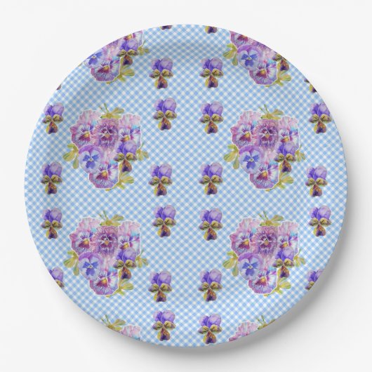Blauwe Pansy geruite Bloemen Patroon Papier Feestb Papieren Bordje (Voorkant)