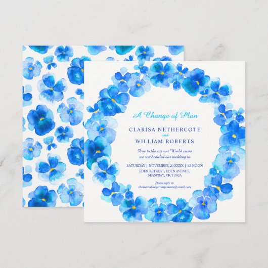 Blauwe pansy verandering van plan bruiloft opnieuw kaart (Voorkant / Achterkant)