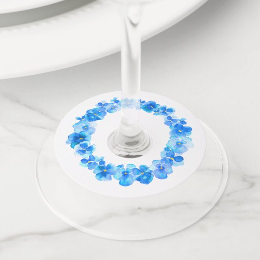 Blauwe panty waterverf kunst bloem bruiloft evenem wijnglaslabel (Dichtbij)