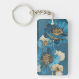 Blauwe Papaver Goud Lijn Kunst Botanische Bloemmot Sleutelhanger