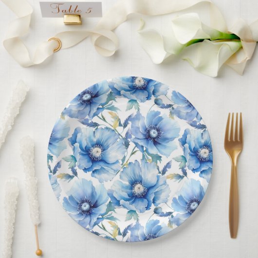 Blauwe papaver papieren bordje (Huwelijk)