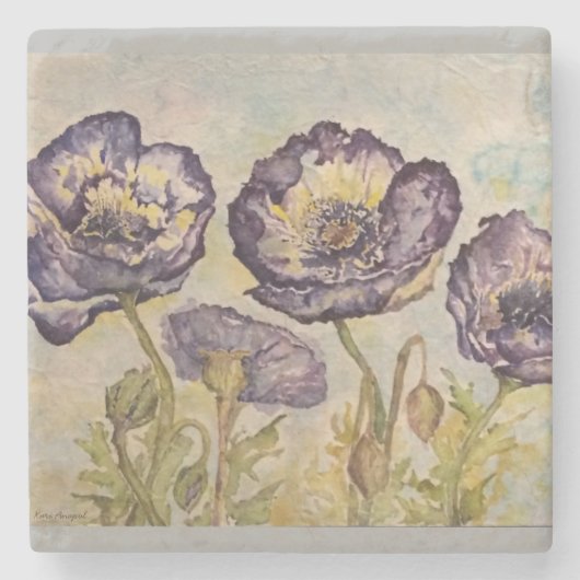 Blauwe papaver Waterverf Kunststeen Onderzetter (Voorkant)