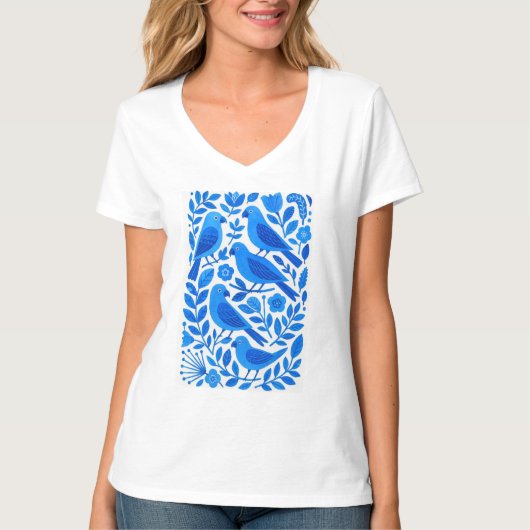 Blauwe papegaaien en bladeren t-shirt (Voorkant)