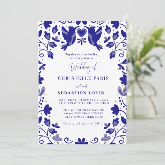 Blauwe Papel Picado geïnspireerde bruiloft Kaart (Staand voorkant)