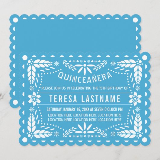 Blauwe papel picado Quinceañera Kaart (Voorkant / Achterkant)